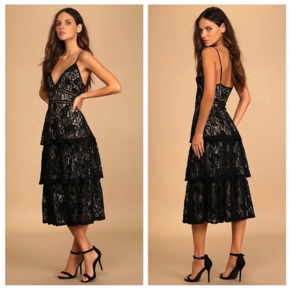 LULUS Pass Me The Prosecco Black Lace Tiered Strappy Midi Dress size S NWT